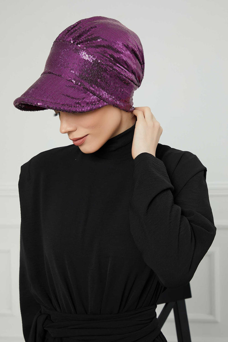 Shining Instant Turban Newsboy Women's Cap, Visor Pre-Tied Turban Head Covering for Modern Women, Chic Sequined Chemo Headwear Bonnet,B-73P Purple