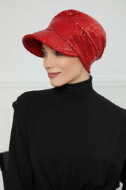 Shining Instant Turban Newsboy Women's Cap, Visor Pre-Tied Turban Head Covering for Modern Women, Chic Sequined Chemo Headwear Bonnet,B-73P Red