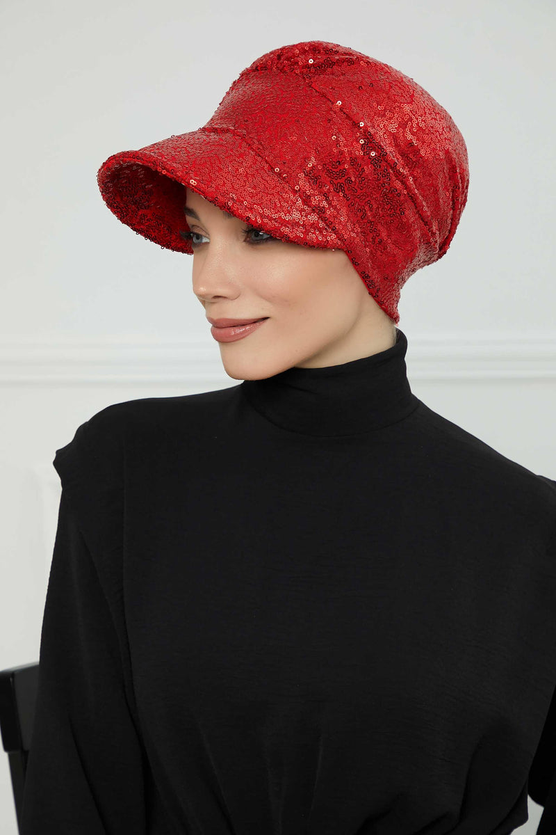 Shining Instant Turban Newsboy Women's Cap, Visor Pre-Tied Turban Head Covering for Modern Women, Chic Sequined Chemo Headwear Bonnet,B-73P Red