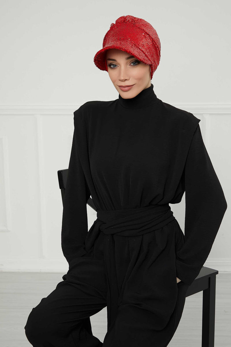 Shining Instant Turban Newsboy Women's Cap, Visor Pre-Tied Turban Head Covering for Modern Women, Chic Sequined Chemo Headwear Bonnet,B-73P Red