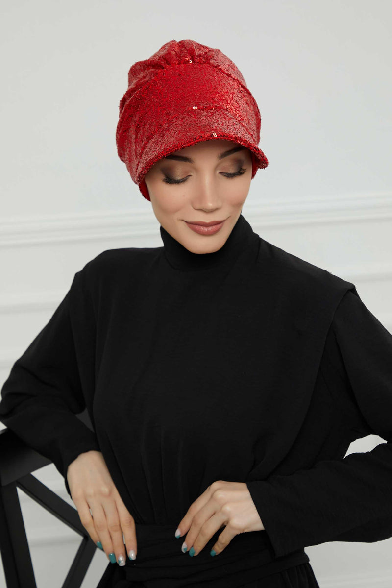Shining Instant Turban Newsboy Women's Cap, Visor Pre-Tied Turban Head Covering for Modern Women, Chic Sequined Chemo Headwear Bonnet,B-73P Red