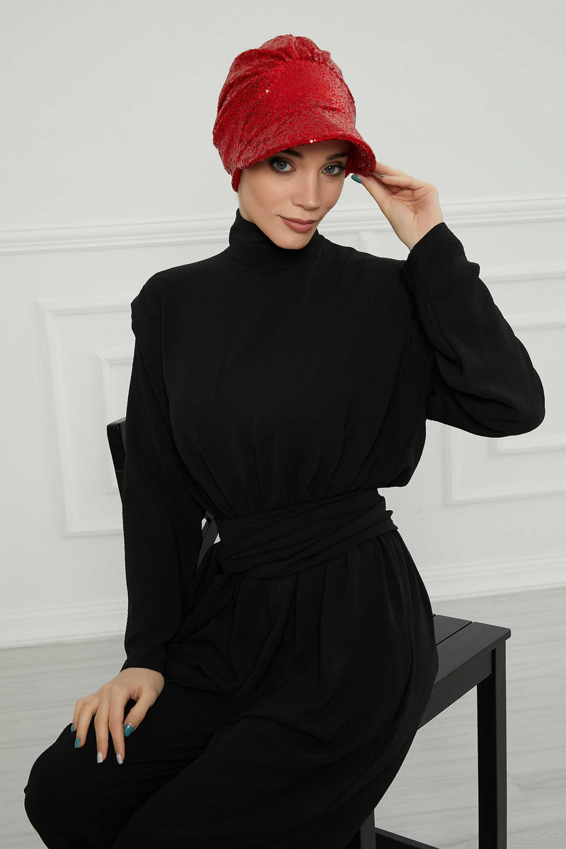 Shining Instant Turban Newsboy Women's Cap, Visor Pre-Tied Turban Head Covering for Modern Women, Chic Sequined Chemo Headwear Bonnet,B-73P Red