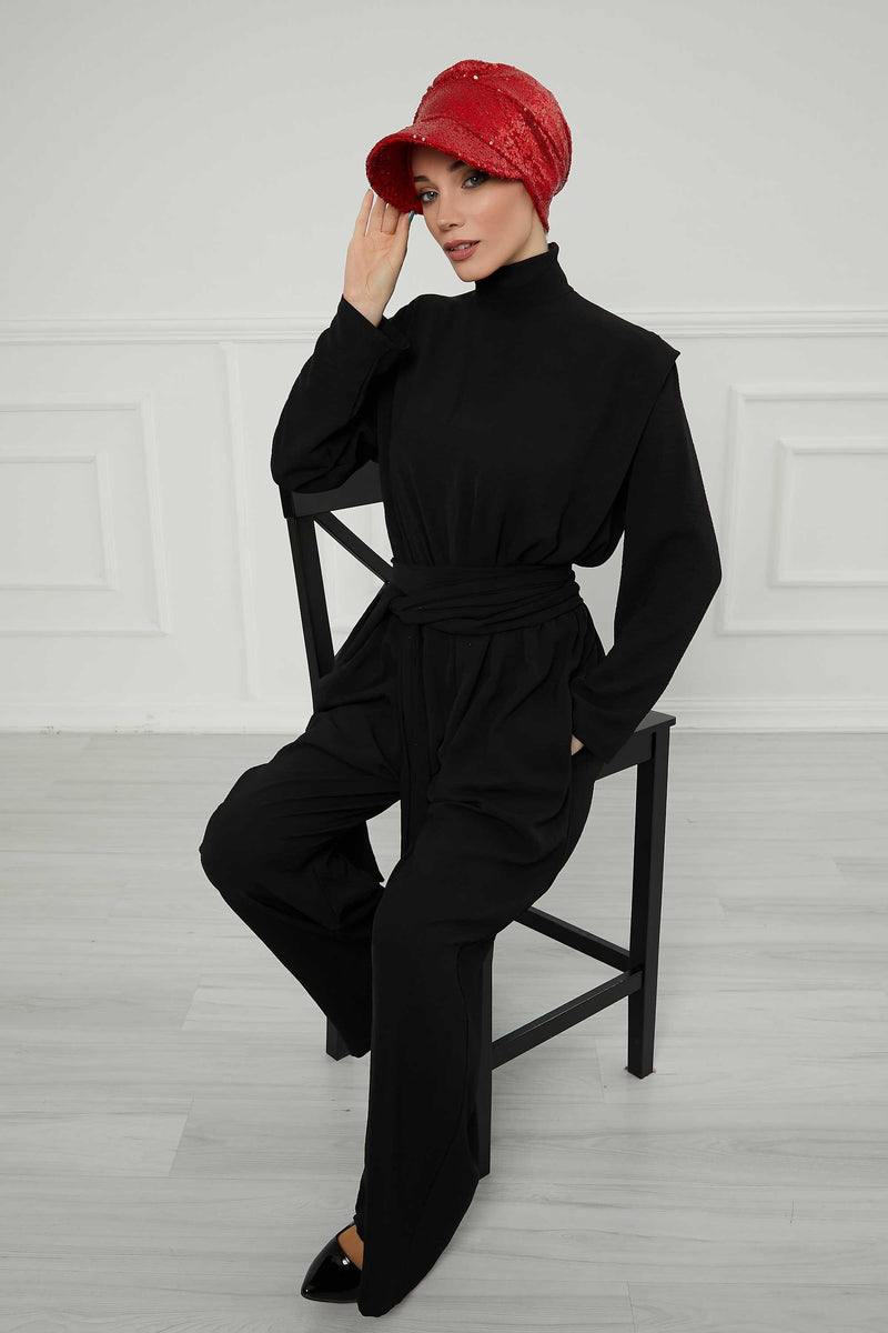 Shining Instant Turban Newsboy Women's Cap, Visor Pre-Tied Turban Head Covering for Modern Women, Chic Sequined Chemo Headwear Bonnet,B-73P Red