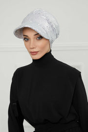 Shining Instant Turban Newsboy Women's Cap, Visor Pre-Tied Turban Head Covering for Modern Women, Chic Sequined Chemo Headwear Bonnet,B-73P Silver