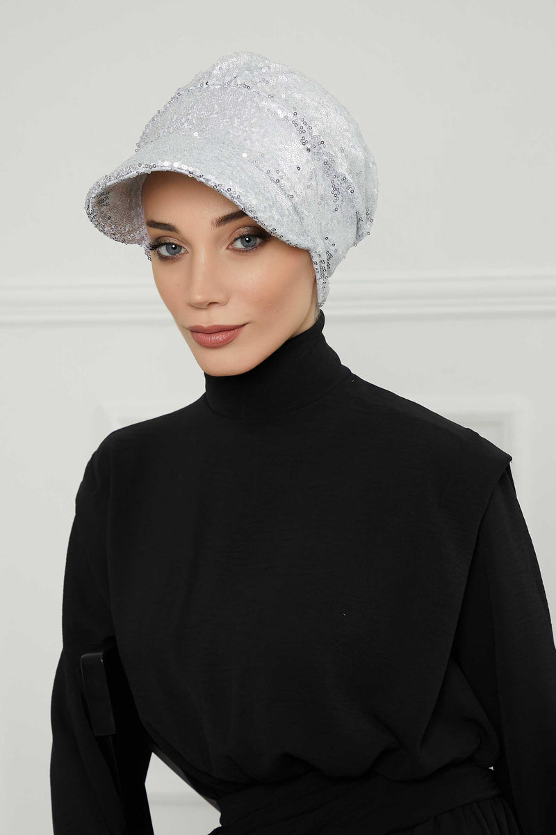 Shining Instant Turban Newsboy Women's Cap, Visor Pre-Tied Turban Head Covering for Modern Women, Chic Sequined Chemo Headwear Bonnet,B-73P Silver
