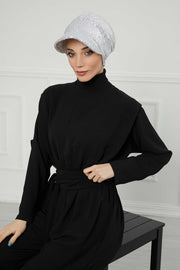 Shining Instant Turban Newsboy Women's Cap, Visor Pre-Tied Turban Head Covering for Modern Women, Chic Sequined Chemo Headwear Bonnet,B-73P Silver