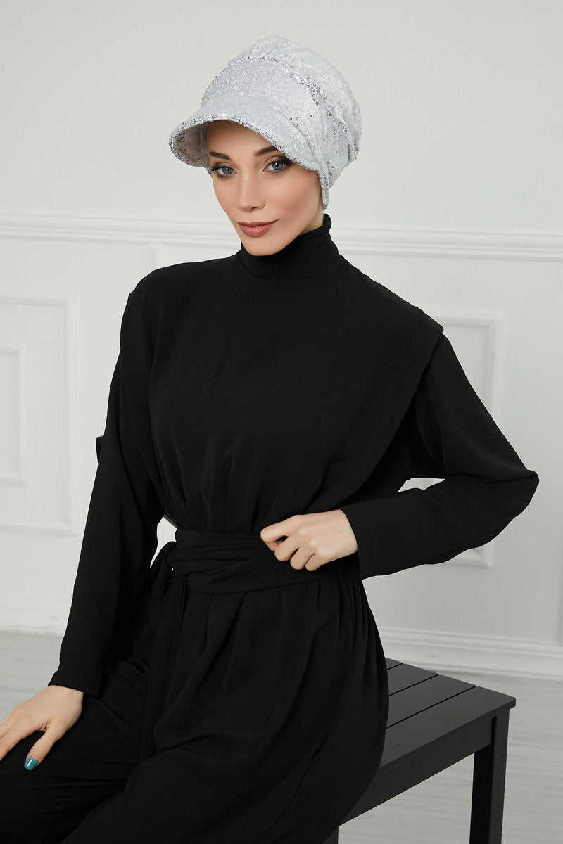Shining Instant Turban Newsboy Women's Cap, Visor Pre-Tied Turban Head Covering for Modern Women, Chic Sequined Chemo Headwear Bonnet,B-73P Silver