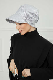 Shining Instant Turban Newsboy Women's Cap, Visor Pre-Tied Turban Head Covering for Modern Women, Chic Sequined Chemo Headwear Bonnet,B-73P Silver