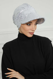 Shining Instant Turban Newsboy Women's Cap, Visor Pre-Tied Turban Head Covering for Modern Women, Chic Sequined Chemo Headwear Bonnet,B-73P Silver