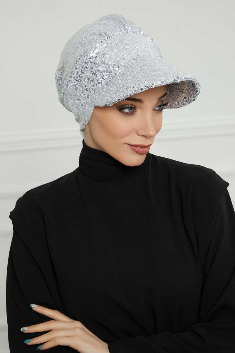 Shining Instant Turban Newsboy Women's Cap, Visor Pre-Tied Turban Head Covering for Modern Women, Chic Sequined Chemo Headwear Bonnet,B-73P Silver