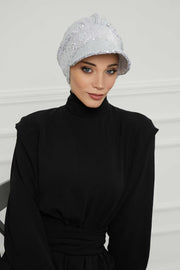 Shining Instant Turban Newsboy Women's Cap, Visor Pre-Tied Turban Head Covering for Modern Women, Chic Sequined Chemo Headwear Bonnet,B-73P Silver