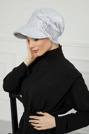 Shining Instant Turban Newsboy Women's Cap, Visor Pre-Tied Turban Head Covering for Modern Women, Chic Sequined Chemo Headwear Bonnet,B-73P Silver