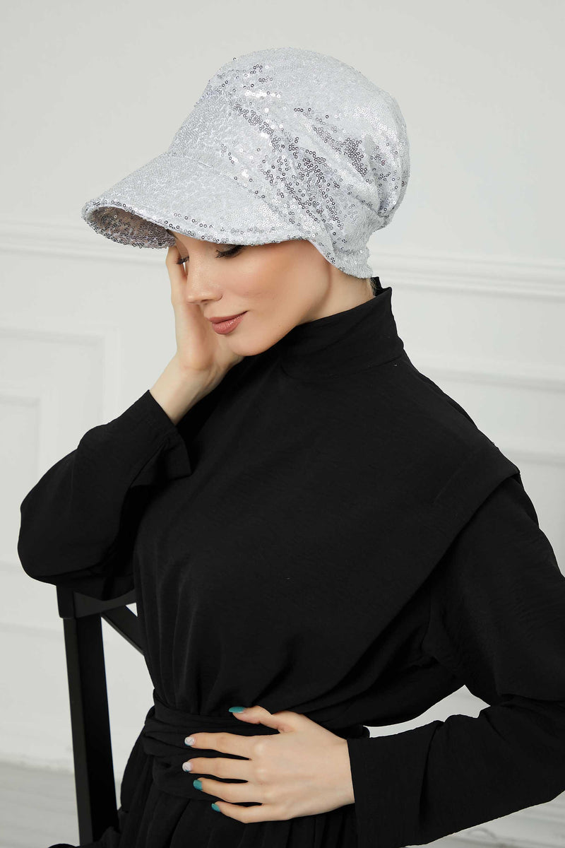 Shining Instant Turban Newsboy Women's Cap, Visor Pre-Tied Turban Head Covering for Modern Women, Chic Sequined Chemo Headwear Bonnet,B-73P Silver