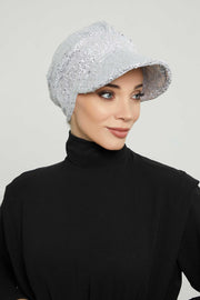 Shining Instant Turban Newsboy Women's Cap, Visor Pre-Tied Turban Head Covering for Modern Women, Chic Sequined Chemo Headwear Bonnet,B-73P Silver