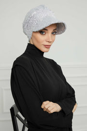 Shining Instant Turban Newsboy Women's Cap, Visor Pre-Tied Turban Head Covering for Modern Women, Chic Sequined Chemo Headwear Bonnet,B-73P Silver