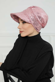 Shining Instant Turban Newsboy Women's Cap, Visor Pre-Tied Turban Head Covering for Modern Women, Chic Sequined Chemo Headwear Bonnet,B-73P Powder