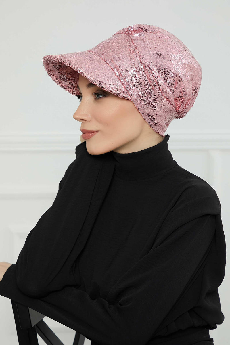 Shining Instant Turban Newsboy Women's Cap, Visor Pre-Tied Turban Head Covering for Modern Women, Chic Sequined Chemo Headwear Bonnet,B-73P Powder