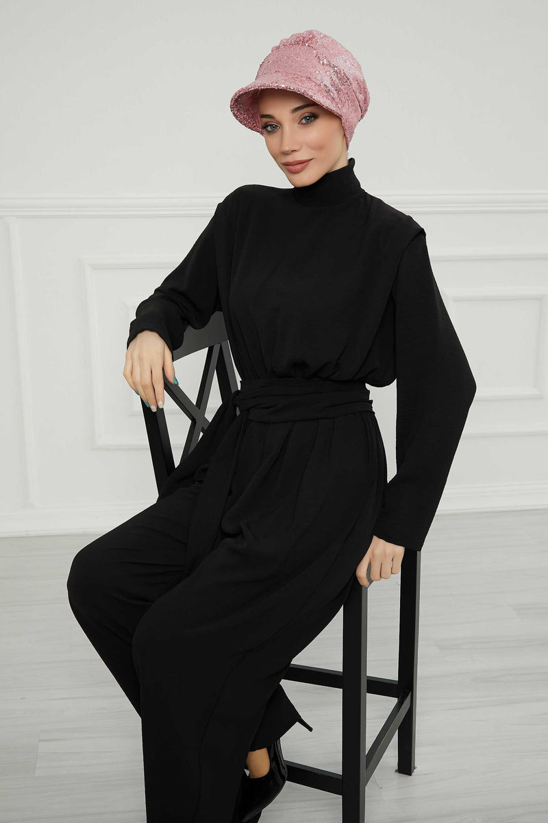 Shining Instant Turban Newsboy Women's Cap, Visor Pre-Tied Turban Head Covering for Modern Women, Chic Sequined Chemo Headwear Bonnet,B-73P Powder