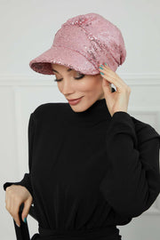 Shining Instant Turban Newsboy Women's Cap, Visor Pre-Tied Turban Head Covering for Modern Women, Chic Sequined Chemo Headwear Bonnet,B-73P Powder