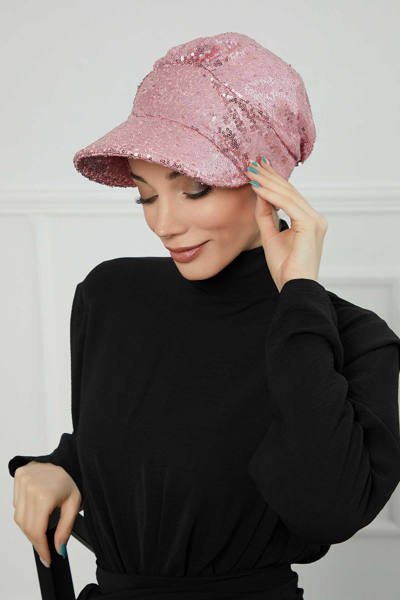 Shining Instant Turban Newsboy Women's Cap, Visor Pre-Tied Turban Head Covering for Modern Women, Chic Sequined Chemo Headwear Bonnet,B-73P Powder