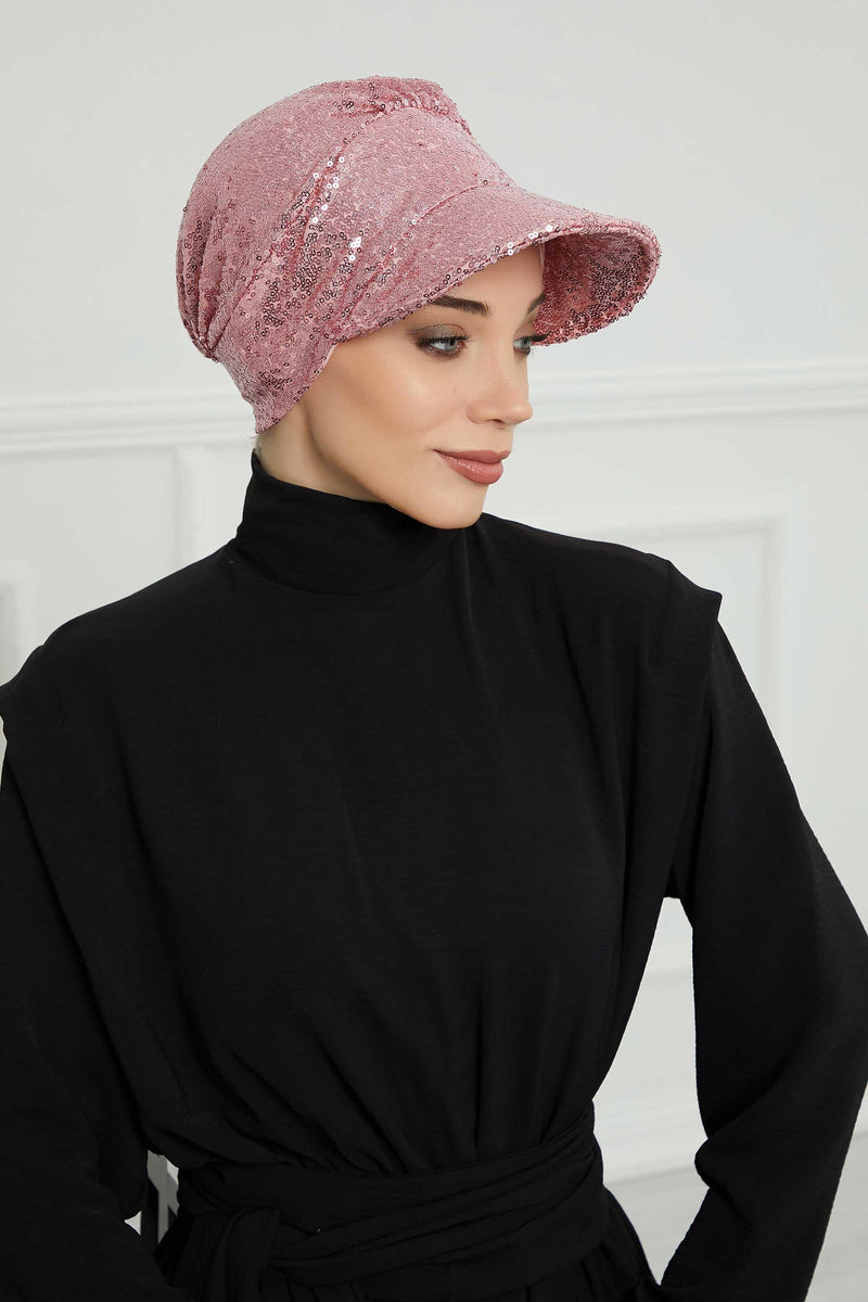 Shining Instant Turban Newsboy Women's Cap, Visor Pre-Tied Turban Head Covering for Modern Women, Chic Sequined Chemo Headwear Bonnet,B-73P Powder