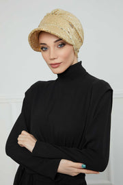 Shining Instant Turban Newsboy Women's Cap, Visor Pre-Tied Turban Head Covering for Modern Women, Chic Sequined Chemo Headwear Bonnet,B-73P Gold