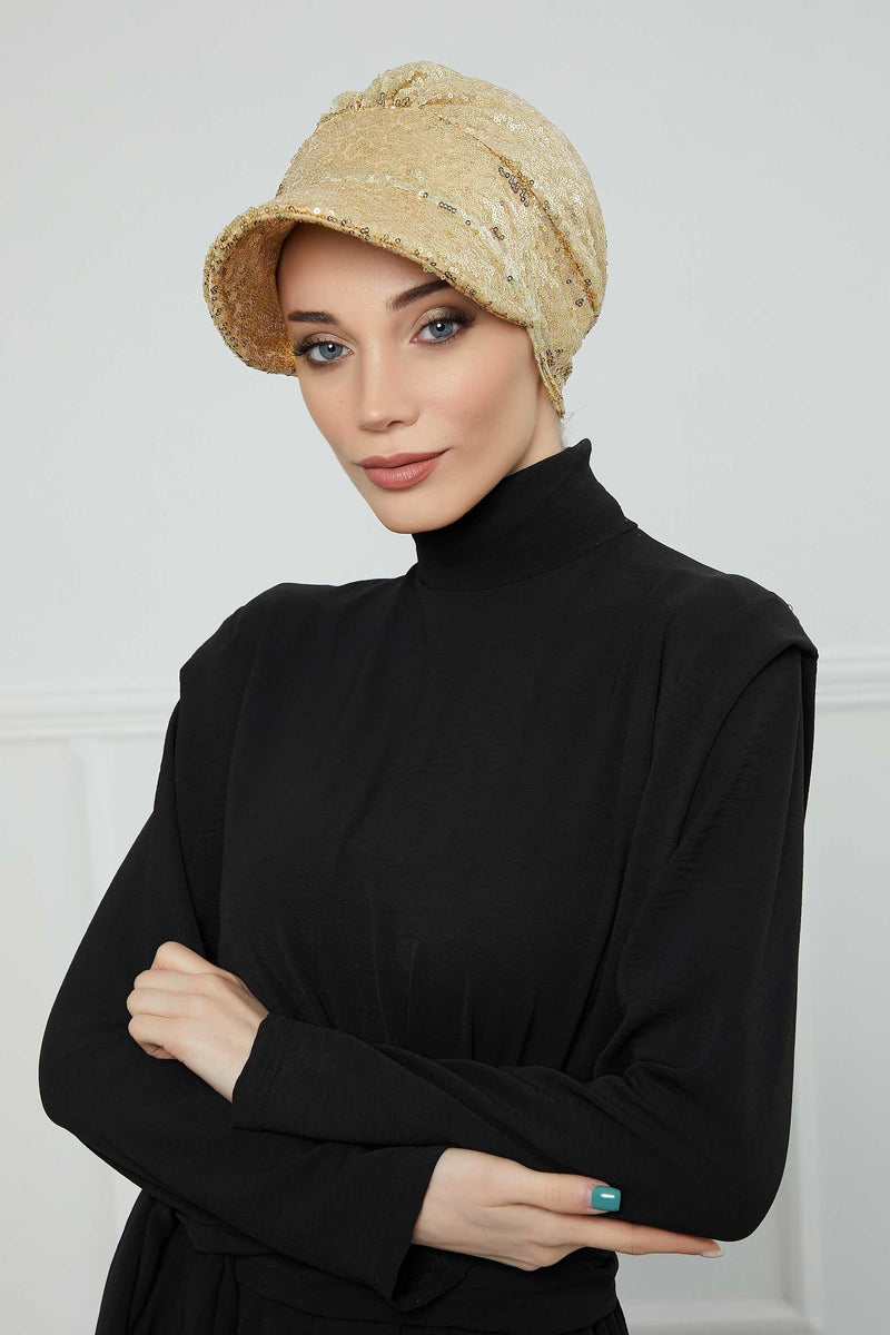Shining Instant Turban Newsboy Women's Cap, Visor Pre-Tied Turban Head Covering for Modern Women, Chic Sequined Chemo Headwear Bonnet,B-73P Gold