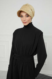 Shining Instant Turban Newsboy Women's Cap, Visor Pre-Tied Turban Head Covering for Modern Women, Chic Sequined Chemo Headwear Bonnet,B-73P Gold