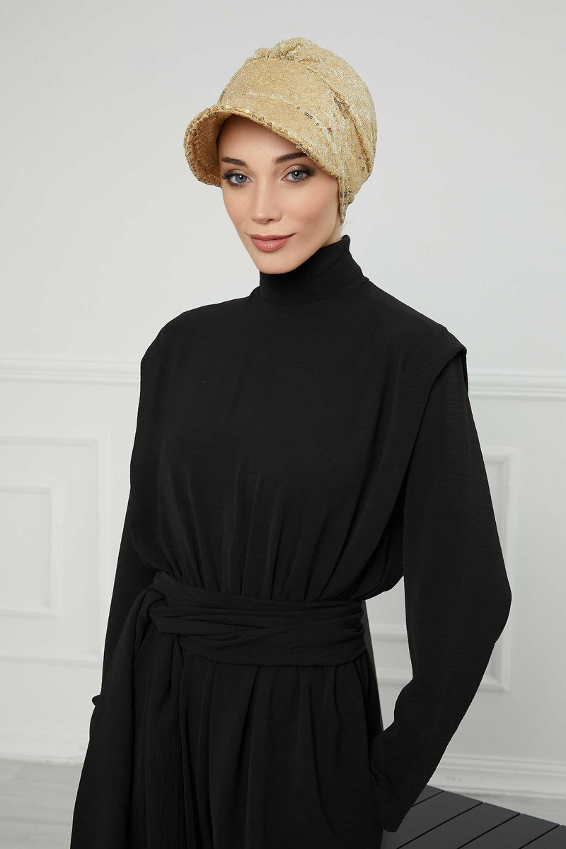 Shining Instant Turban Newsboy Women's Cap, Visor Pre-Tied Turban Head Covering for Modern Women, Chic Sequined Chemo Headwear Bonnet,B-73P Gold