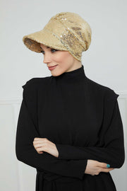 Shining Instant Turban Newsboy Women's Cap, Visor Pre-Tied Turban Head Covering for Modern Women, Chic Sequined Chemo Headwear Bonnet,B-73P Gold