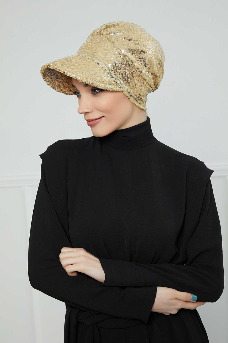Shining Instant Turban Newsboy Women's Cap, Visor Pre-Tied Turban Head Covering for Modern Women, Chic Sequined Chemo Headwear Bonnet,B-73P Gold