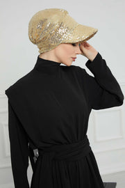 Shining Instant Turban Newsboy Women's Cap, Visor Pre-Tied Turban Head Covering for Modern Women, Chic Sequined Chemo Headwear Bonnet,B-73P Gold