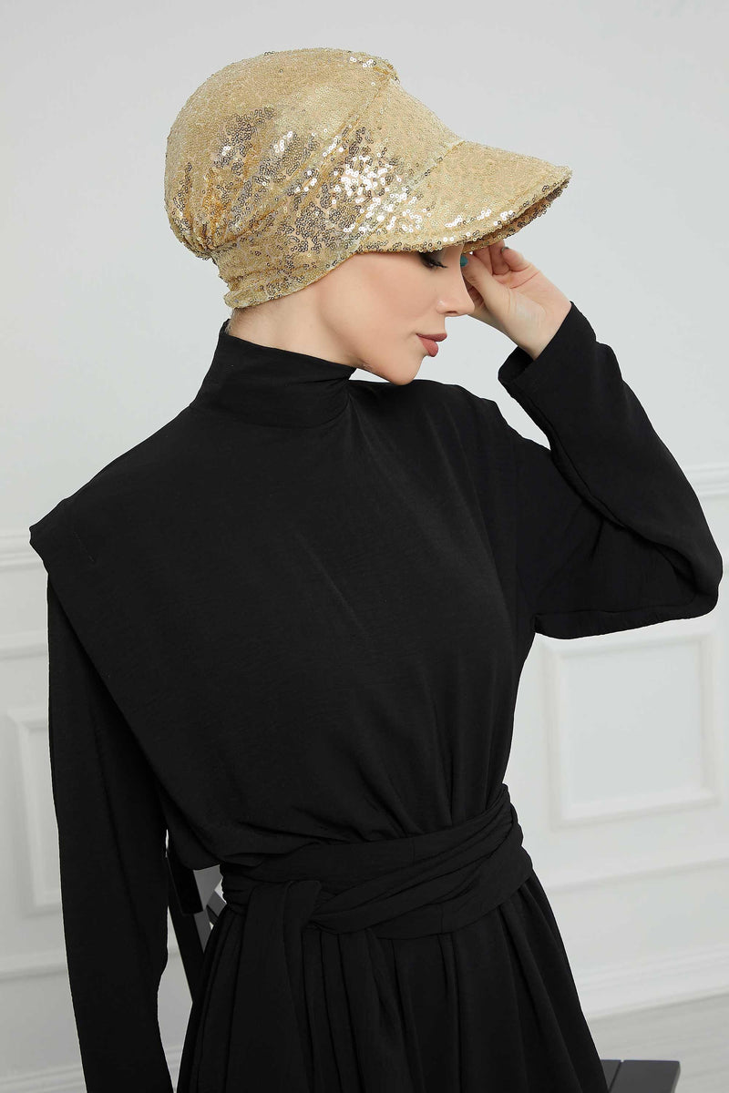 Shining Instant Turban Newsboy Women's Cap, Visor Pre-Tied Turban Head Covering for Modern Women, Chic Sequined Chemo Headwear Bonnet,B-73P Gold