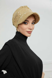 Shining Instant Turban Newsboy Women's Cap, Visor Pre-Tied Turban Head Covering for Modern Women, Chic Sequined Chemo Headwear Bonnet,B-73P Gold