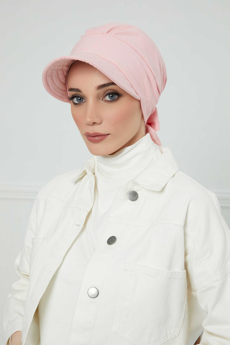 Fancy Visor Turban Headscarf for Women, Instant Turban Newsboy Hat, Cotton Turban Bonnet Cap, Plain Comfortable Chemo Visor Headwear,S-1 Powder
