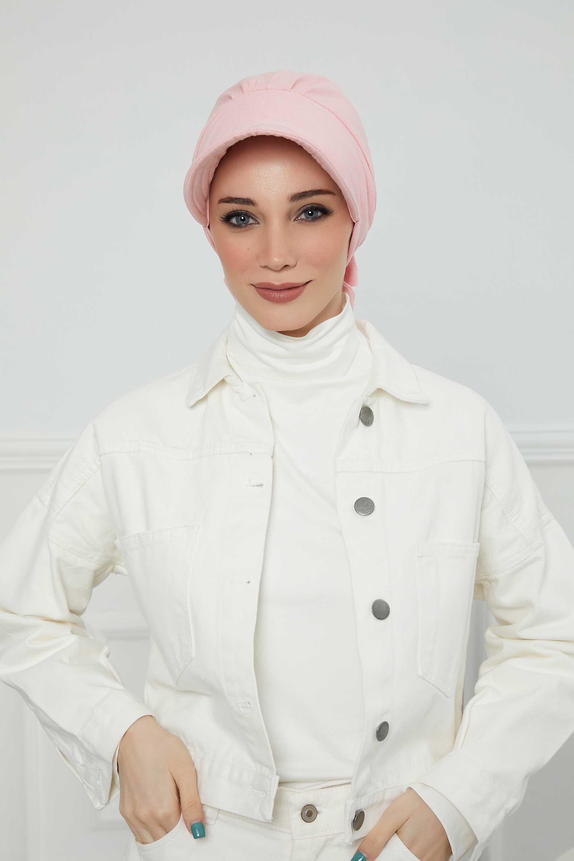 Fancy Visor Turban Headscarf for Women, Instant Turban Newsboy Hat, Cotton Turban Bonnet Cap, Plain Comfortable Chemo Visor Headwear,S-1 Powder