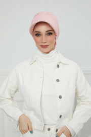 Fancy Visor Turban Headscarf for Women, Instant Turban Newsboy Hat, Cotton Turban Bonnet Cap, Plain Comfortable Chemo Visor Headwear,S-1 Powder