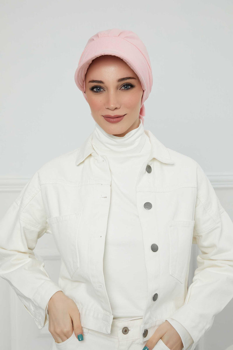 Fancy Visor Turban Headscarf for Women, Instant Turban Newsboy Hat, Cotton Turban Bonnet Cap, Plain Comfortable Chemo Visor Headwear,S-1 Powder