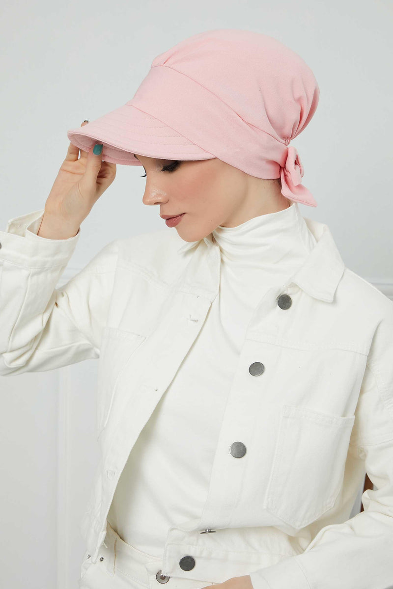 Fancy Visor Turban Headscarf for Women, Instant Turban Newsboy Hat, Cotton Turban Bonnet Cap, Plain Comfortable Chemo Visor Headwear,S-1 Powder