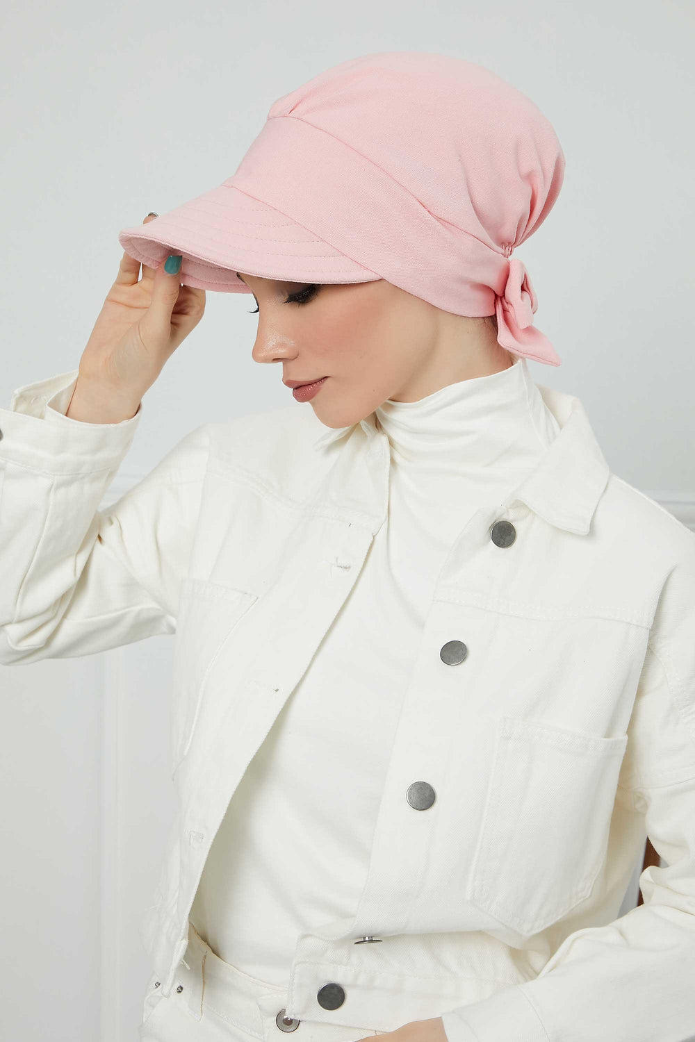 Fancy Visor Turban Headscarf for Women, Instant Turban Newsboy Hat, Cotton Turban Bonnet Cap, Plain Comfortable Chemo Visor Headwear,S-1 Powder