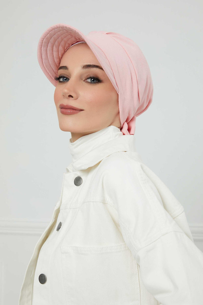 Fancy Visor Turban Headscarf for Women, Instant Turban Newsboy Hat, Cotton Turban Bonnet Cap, Plain Comfortable Chemo Visor Headwear,S-1 Powder