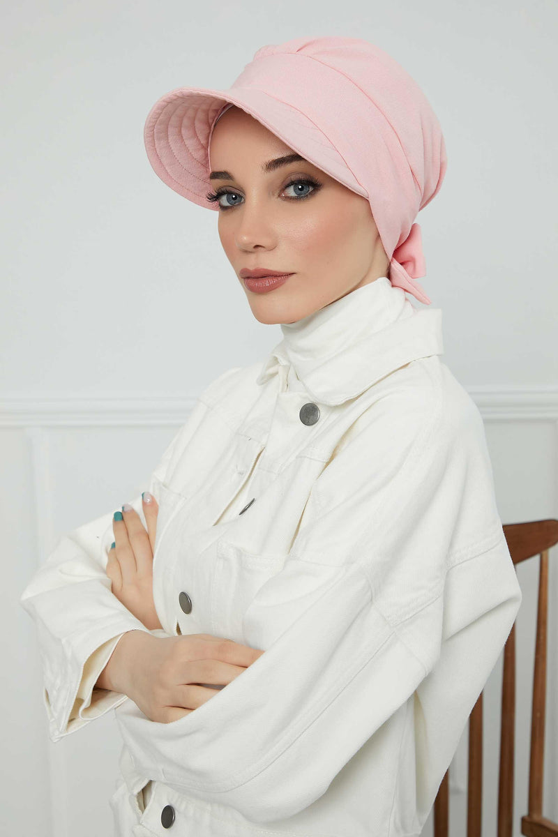 Fancy Visor Turban Headscarf for Women, Instant Turban Newsboy Hat, Cotton Turban Bonnet Cap, Plain Comfortable Chemo Visor Headwear,S-1 Powder