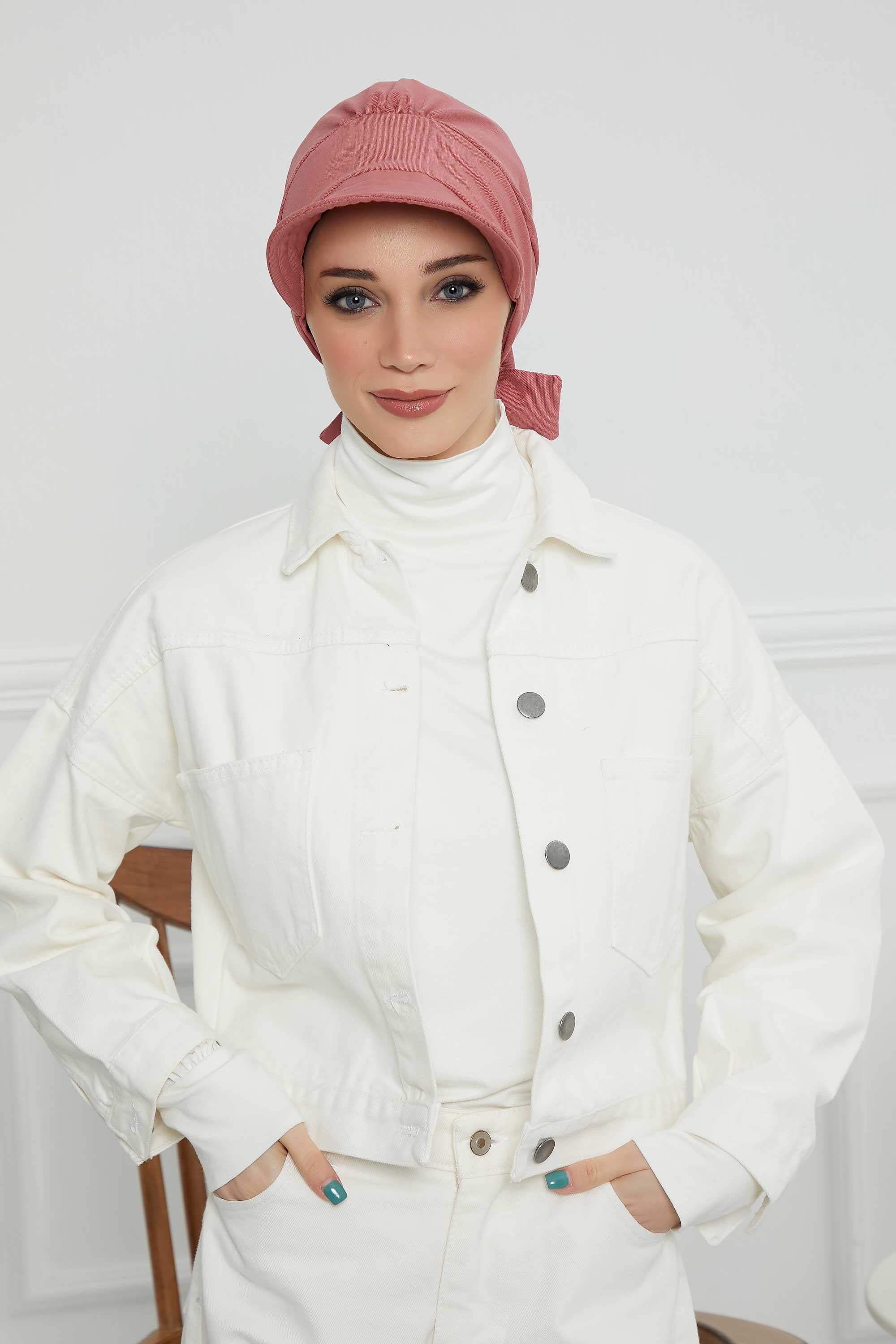 Fancy Visor Turban Headscarf for Women, Instant Turban Newsboy Hat, Cotton Turban Bonnet Cap, Plain Comfortable Chemo Visor Headwear,S-1 Dark Dried Rose