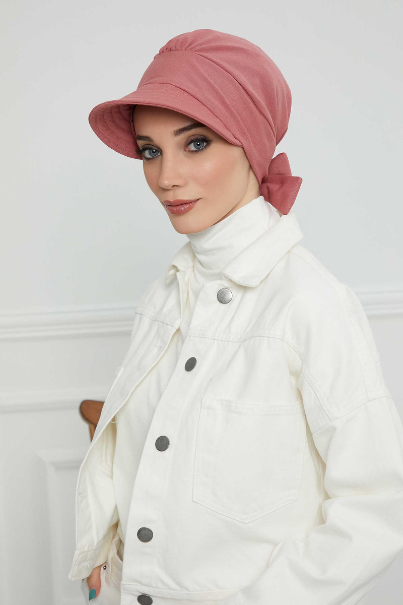 Fancy Visor Turban Headscarf for Women, Instant Turban Newsboy Hat, Cotton Turban Bonnet Cap, Plain Comfortable Chemo Visor Headwear,S-1 Dark Dried Rose