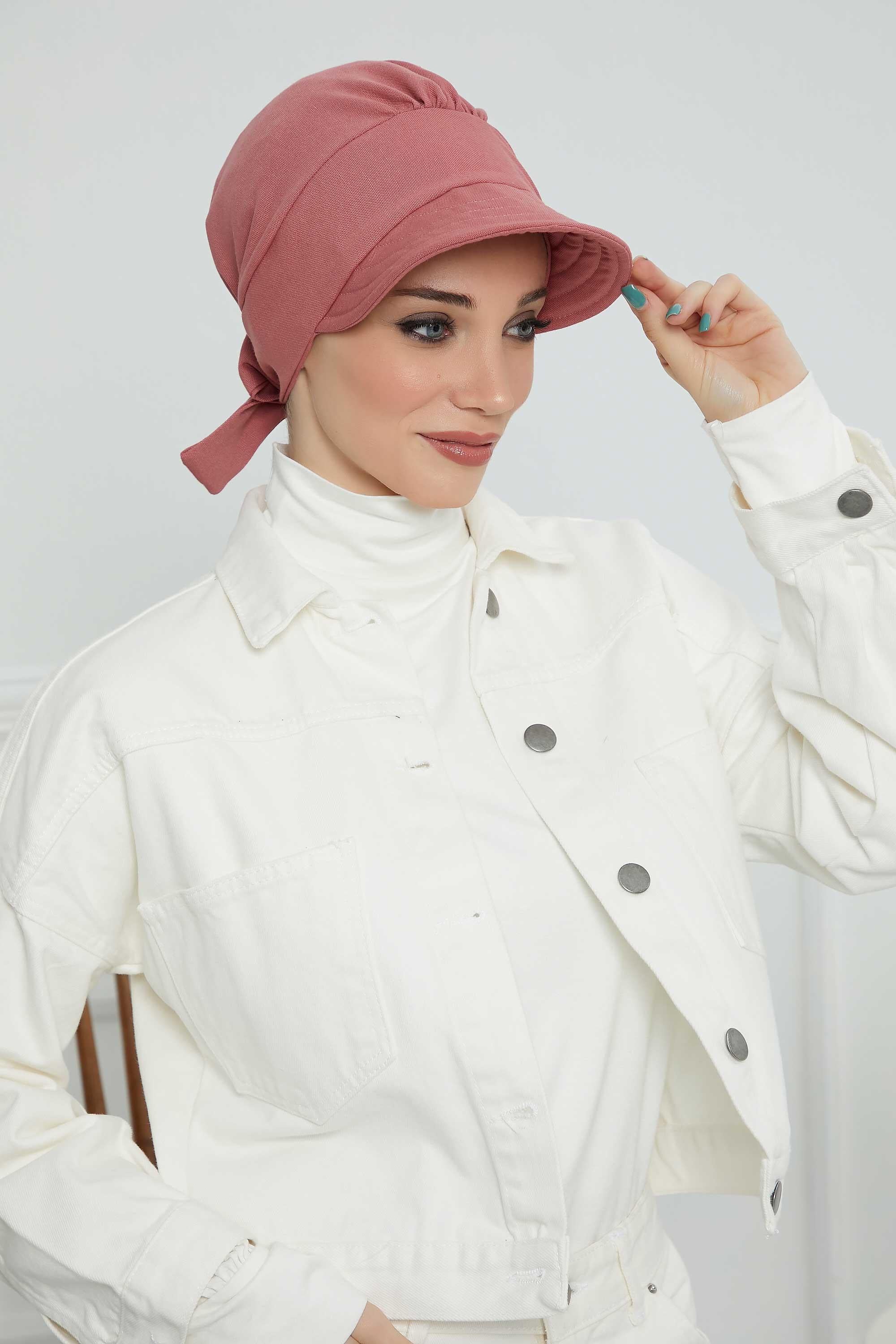 Fancy Visor Turban Headscarf for Women, Instant Turban Newsboy Hat, Cotton Turban Bonnet Cap, Plain Comfortable Chemo Visor Headwear,S-1 Dark Dried Rose