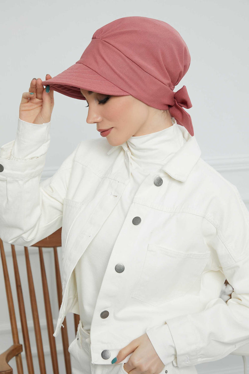 Fancy Visor Turban Headscarf for Women, Instant Turban Newsboy Hat, Cotton Turban Bonnet Cap, Plain Comfortable Chemo Visor Headwear,S-1 Dark Dried Rose