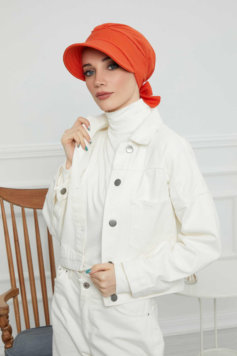 Fancy Visor Turban Headscarf for Women, Instant Turban Newsboy Hat, Cotton Turban Bonnet Cap, Plain Comfortable Chemo Visor Headwear,S-1 Orange