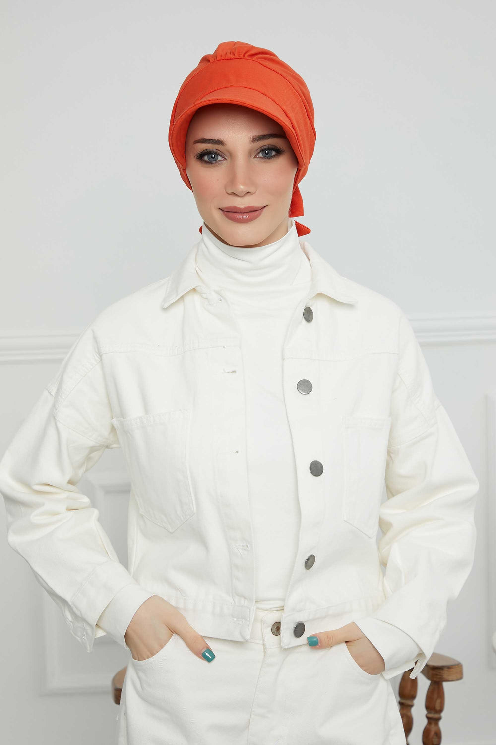 Fancy Visor Turban Headscarf for Women, Instant Turban Newsboy Hat, Cotton Turban Bonnet Cap, Plain Comfortable Chemo Visor Headwear,S-1 Orange