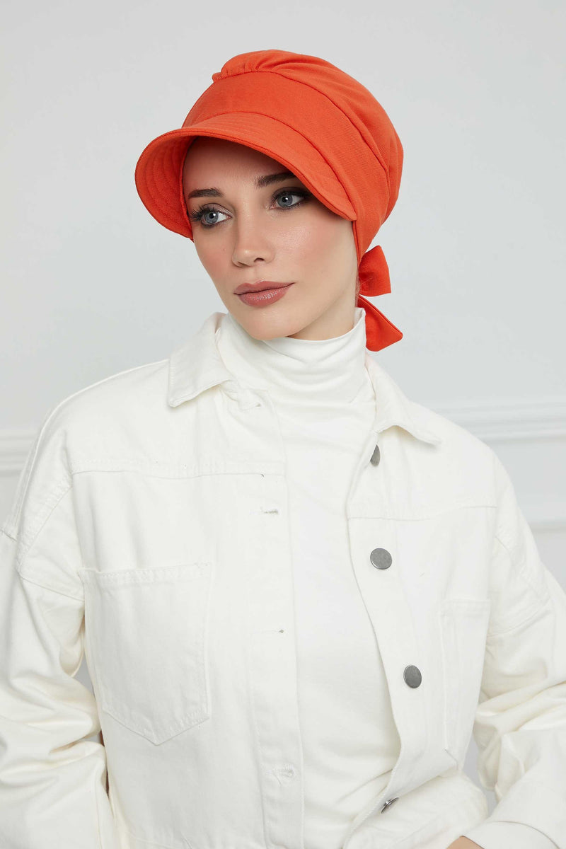 Fancy Visor Turban Headscarf for Women, Instant Turban Newsboy Hat, Cotton Turban Bonnet Cap, Plain Comfortable Chemo Visor Headwear,S-1 Orange