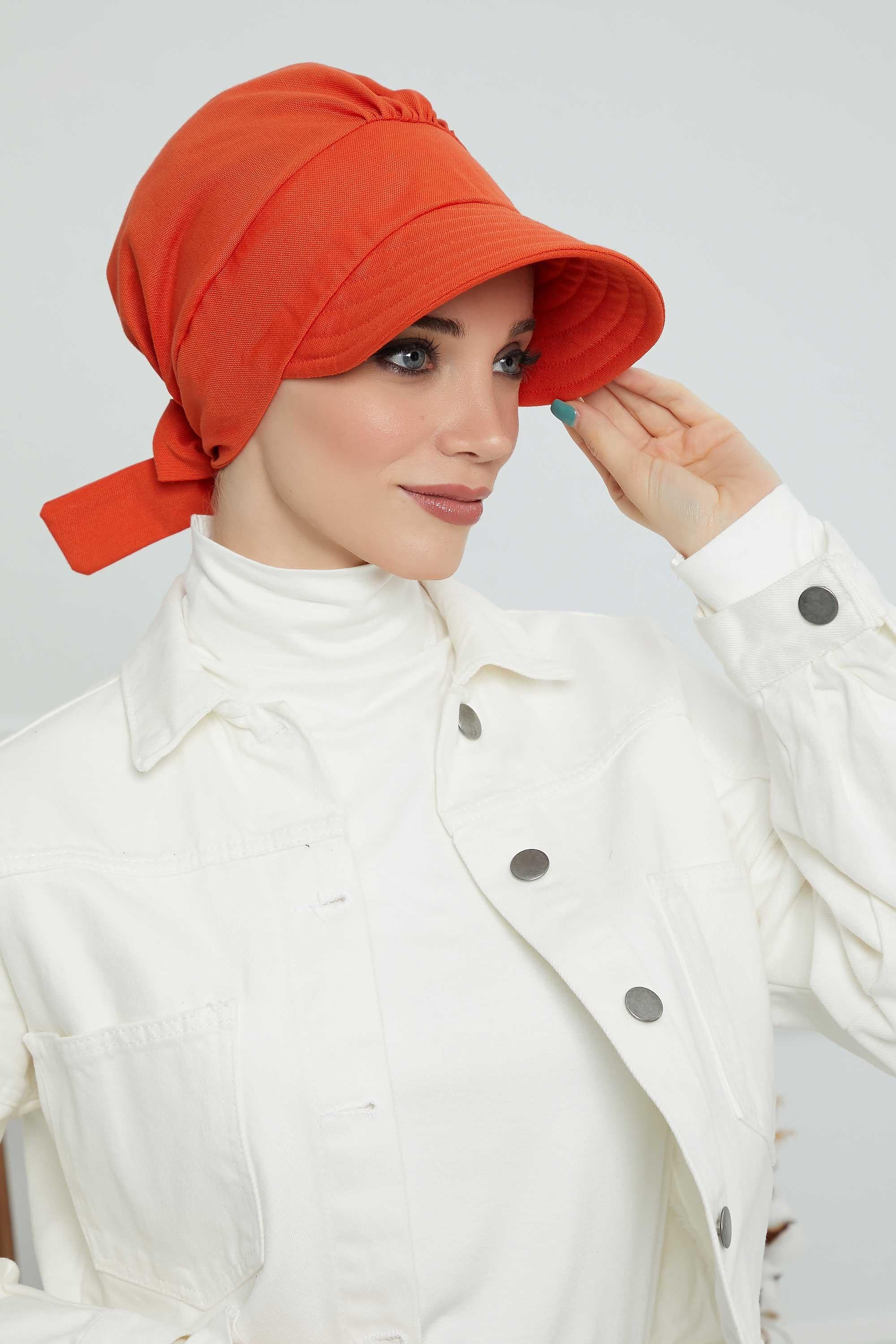 Fancy Visor Turban Headscarf for Women, Instant Turban Newsboy Hat, Cotton Turban Bonnet Cap, Plain Comfortable Chemo Visor Headwear,S-1 Orange